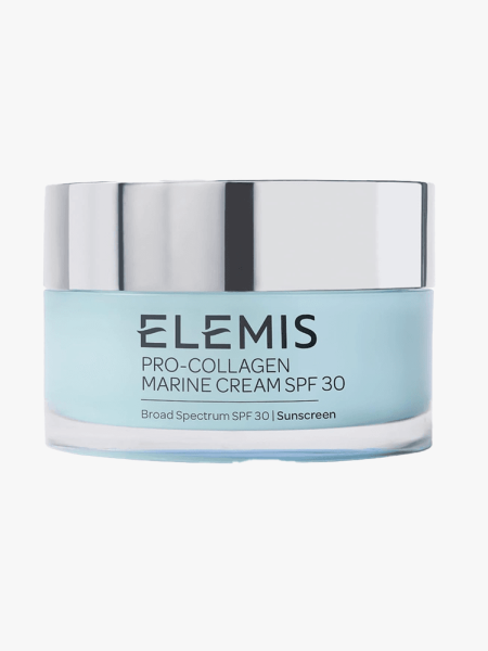 A blue jar of Elemis PRo Collagen Marine Cream SPF 30 on a light gray background