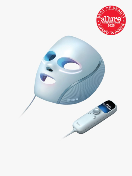 Shark Beauty CryoGlow Red Blue & Infrared iQLED Face Mask & Under Eye Cooling in branded blue color way on light gray background with red Allure Best of Beauty seal in the top right corner